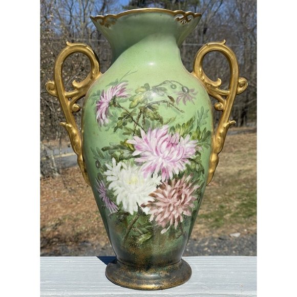 LARGE 15.5" Antique Continental Porcelain Hand Painted Gilt Handled Vase - Picture 4 of 16